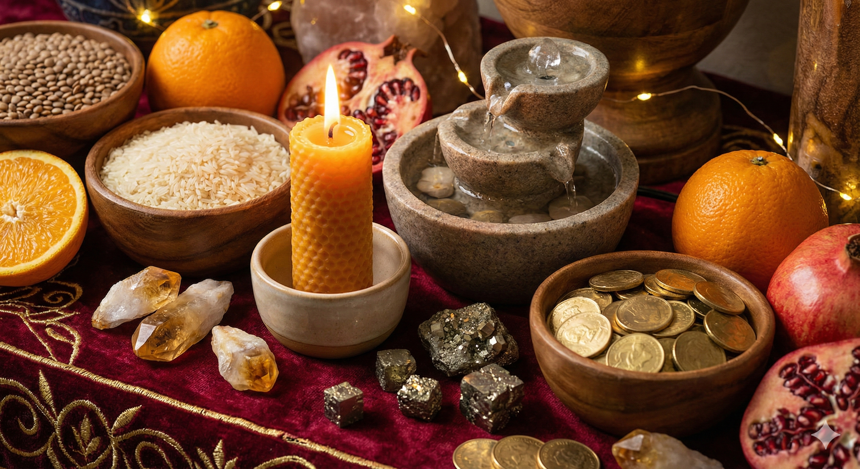 Detalle del Altar de abundancia con vela naranja, frutas y fuente
