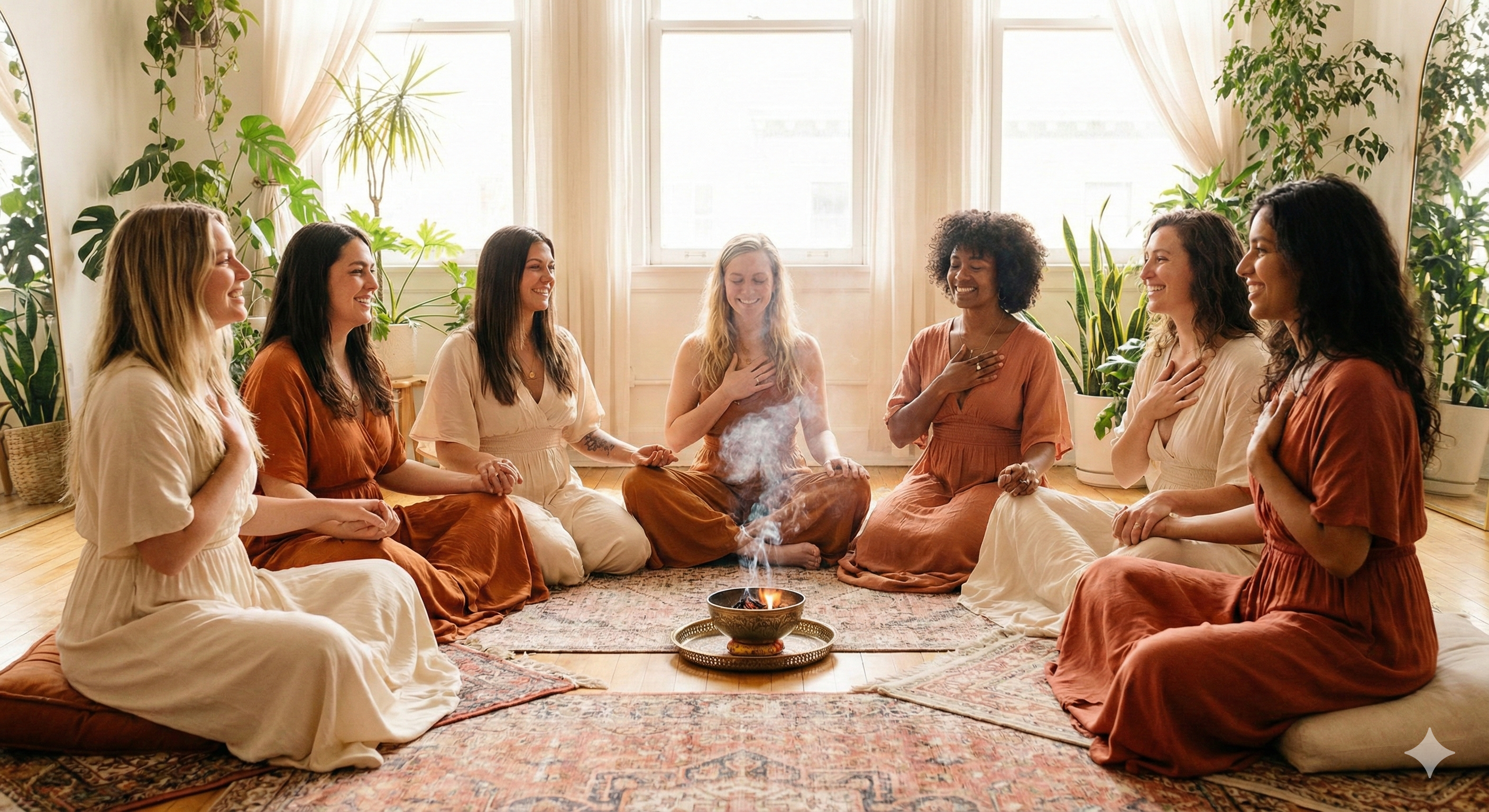 Grupo de mujeres en círculo de meditación y ritual